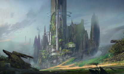 A colossal, futuristic structure overgrown with lush greenery, nestled among misty, jagged mountains under a cloudy sky. Birds fly.
