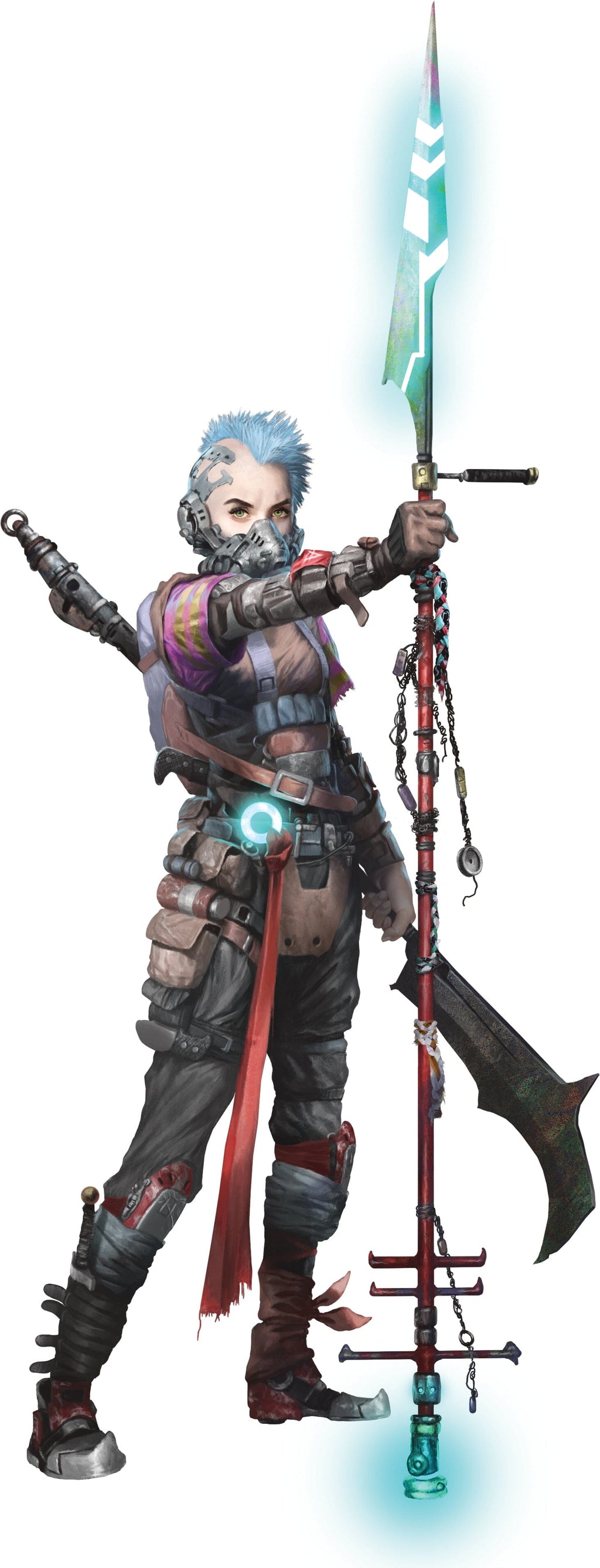 A blue-haired, masked female warrior in rugged gear holds a glowing blue spear, ready for action.