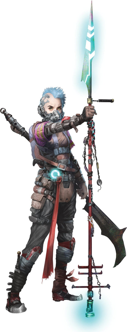 A blue-haired, masked female warrior in rugged gear holds a glowing blue spear, ready for action.