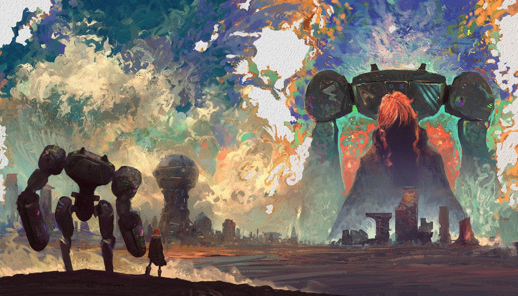 Impressionistic painting: A shadowy, red-haired figure stands before a massive dark structure with green glowing elements. A large mech and a small person observe.