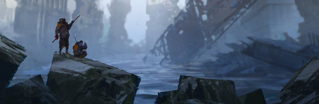 Two figures on jagged rocks observe a desolate, flooded city with crumbling structures under a hazy sky.