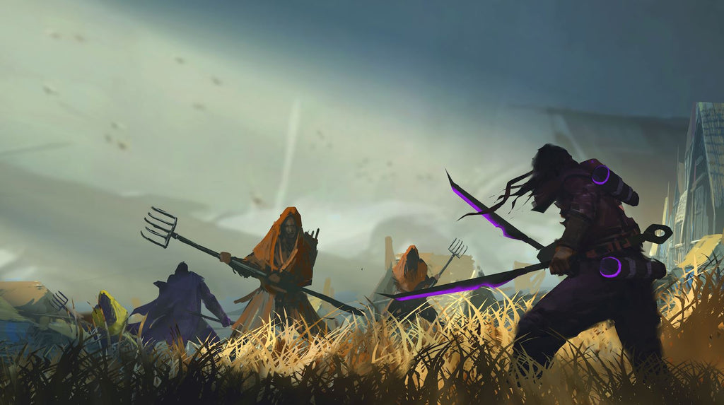 A dark warrior with purple blades confronts cloaked figures holding pitchforks in a grassy field near ruins.