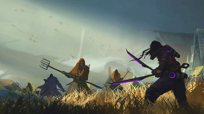 A dark warrior with purple blades confronts cloaked figures holding pitchforks in a grassy field near ruins.