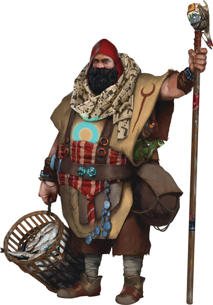 A bearded man in a red hood, patterned outfit with glowing accents, holds a fish basket and staff.