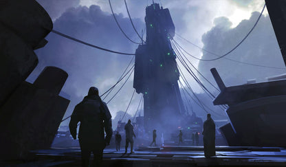 A dark, imposing sci-fi tower covered in wires and green lights looms over figures in an industrial setting under a cloudy sky.