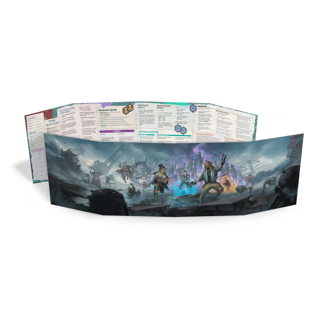 Tri-fold GM screen with rules on one side, and diverse characters battling foes in a ruined city on the other.