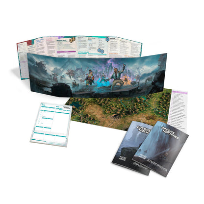 A collection of 'Dreams & Machines' tabletop RPG components: GM screen with vibrant sci-fi combat art, a hex map, and books.