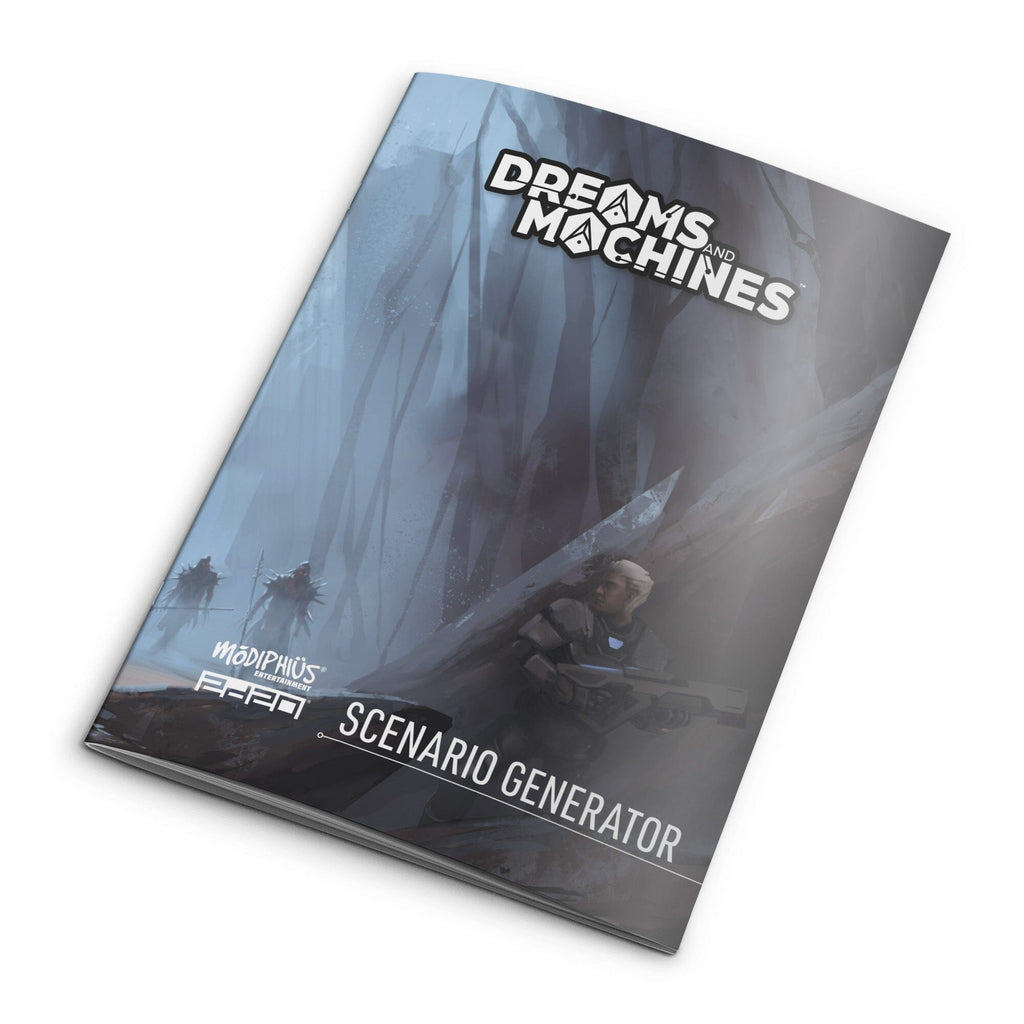 Dreams and Machines Scenario Generator book cover. A soldier with a rifle moves cautiously through a dark, desolate landscape.