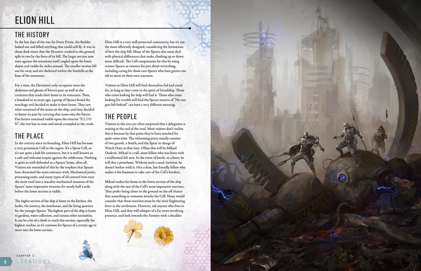 Explaination about elon hill's history, location and people. On the right Armored figures stand on the sparking wreckage of a crashed ship in a ruined city