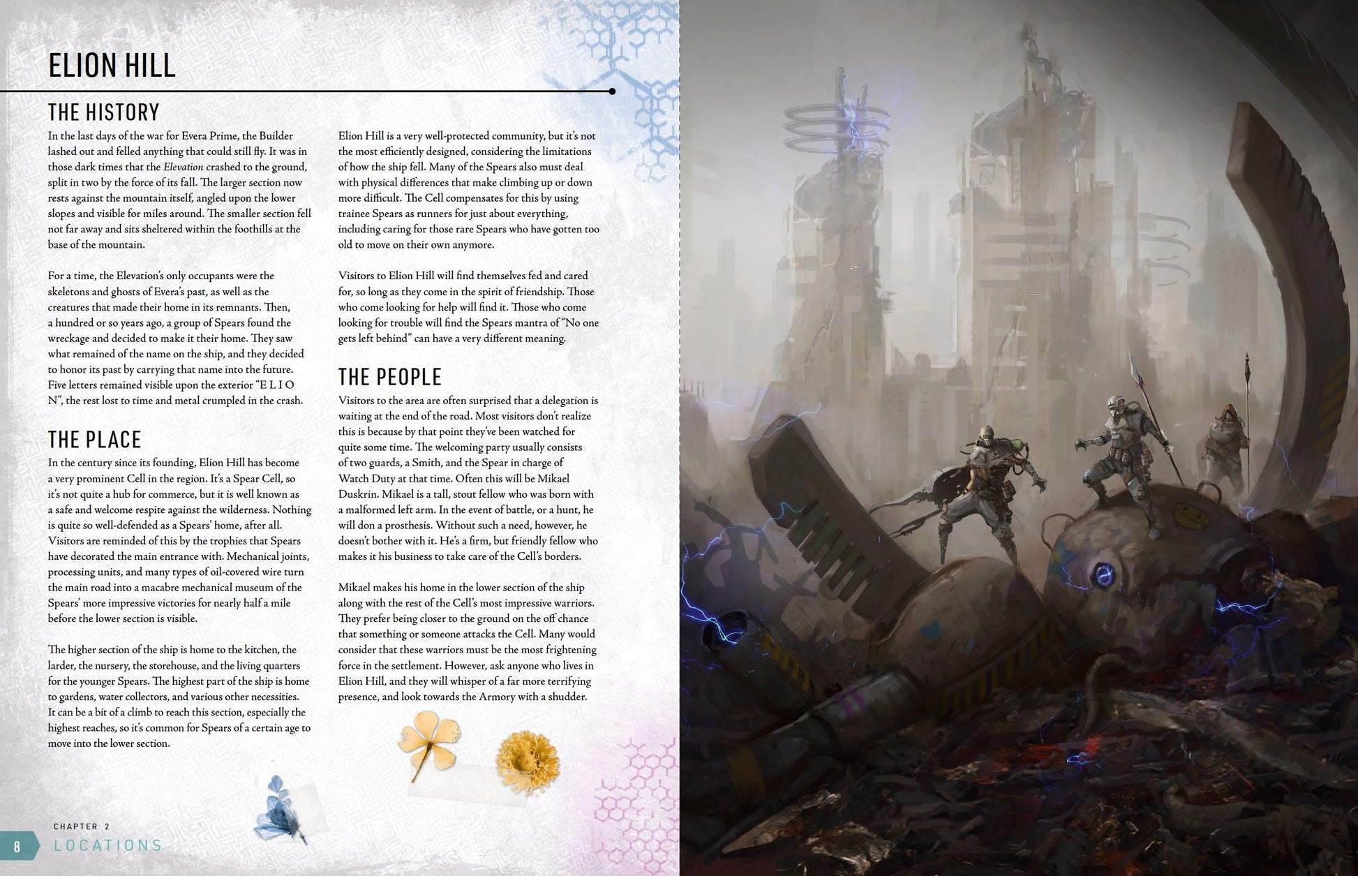 Explaination about elon hill's history, location and people. On the right Armored figures stand on the sparking wreckage of a crashed ship in a ruined city