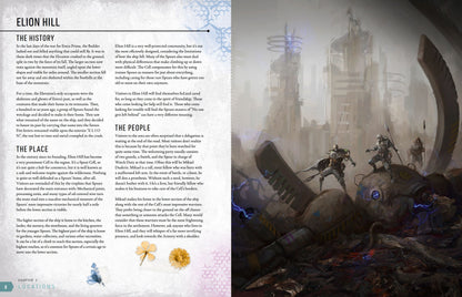 Explaination about elon hill's history, location and people. On the right Armored figures stand on the sparking wreckage of a crashed ship in a ruined city