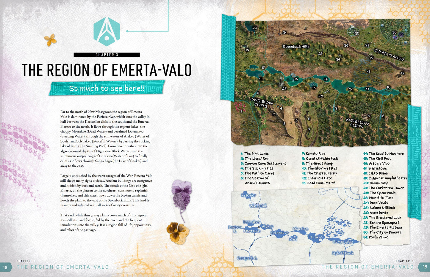A detailed fantasy map of the Emerta-Valo region, showing terrain, water bodies, and numbered points of interest with a legend