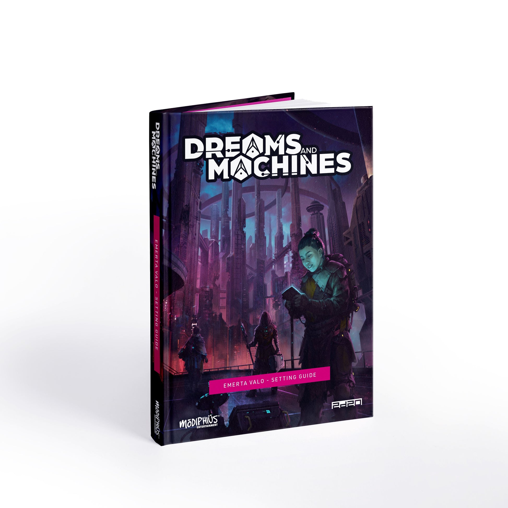 Dreams and Machines: Emerta Valo Setting Guide cover. A person reads a glowing tablet in a neon cyberpunk city