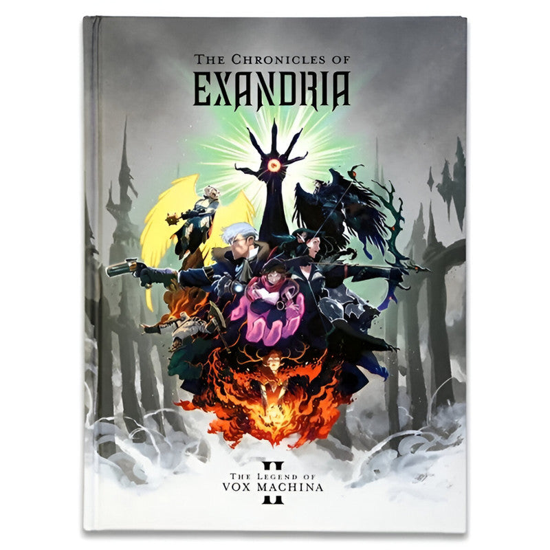 Cover for The Chronicles of Exandria, Legend of Vox Machina II, shows diverse heroes battling a glowing claw over flames