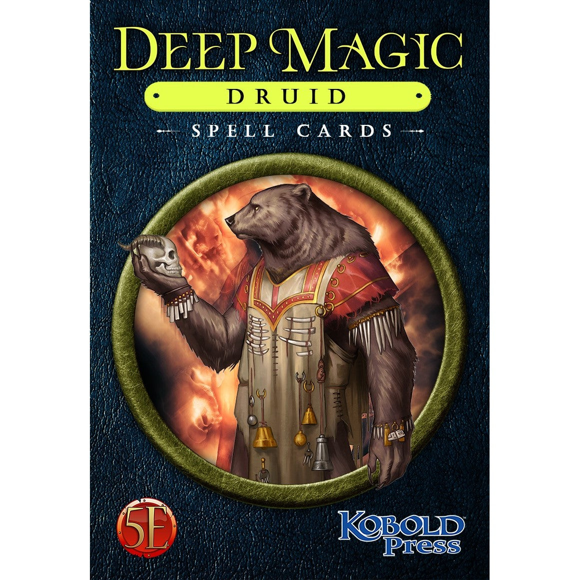 A dark blue cover for Deep Magic Druid Spell Cards features a bear-like druid in a robe holding a skull within a circular frame against a fiery background