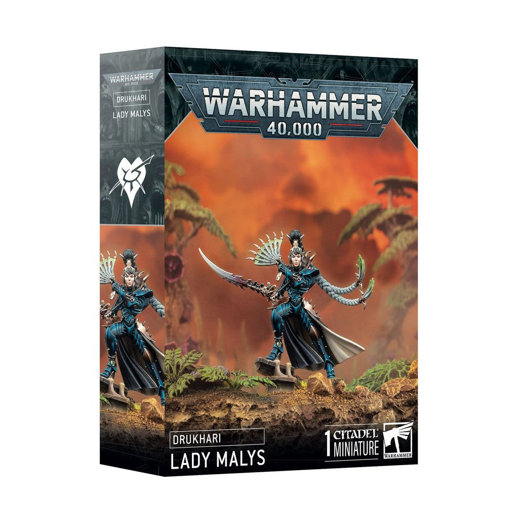 Warhammer 40K Drukhari Lady Malys Citadel miniature box. Features two posed figures in blue armor with large swords
