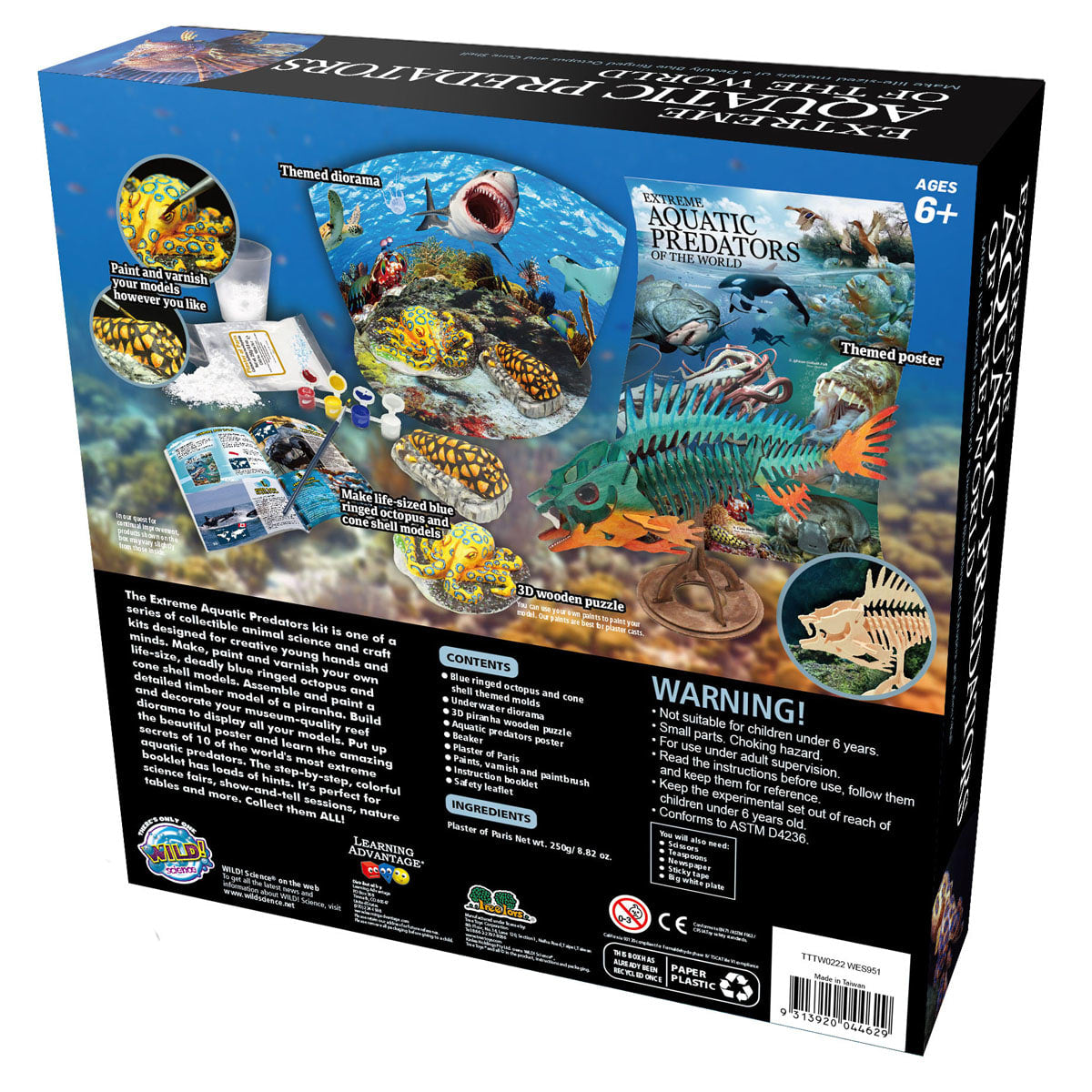 Box for "Extreme Aquatic Predators" craft kit, featuring octopus models, paints, and a 3D fish puzzle