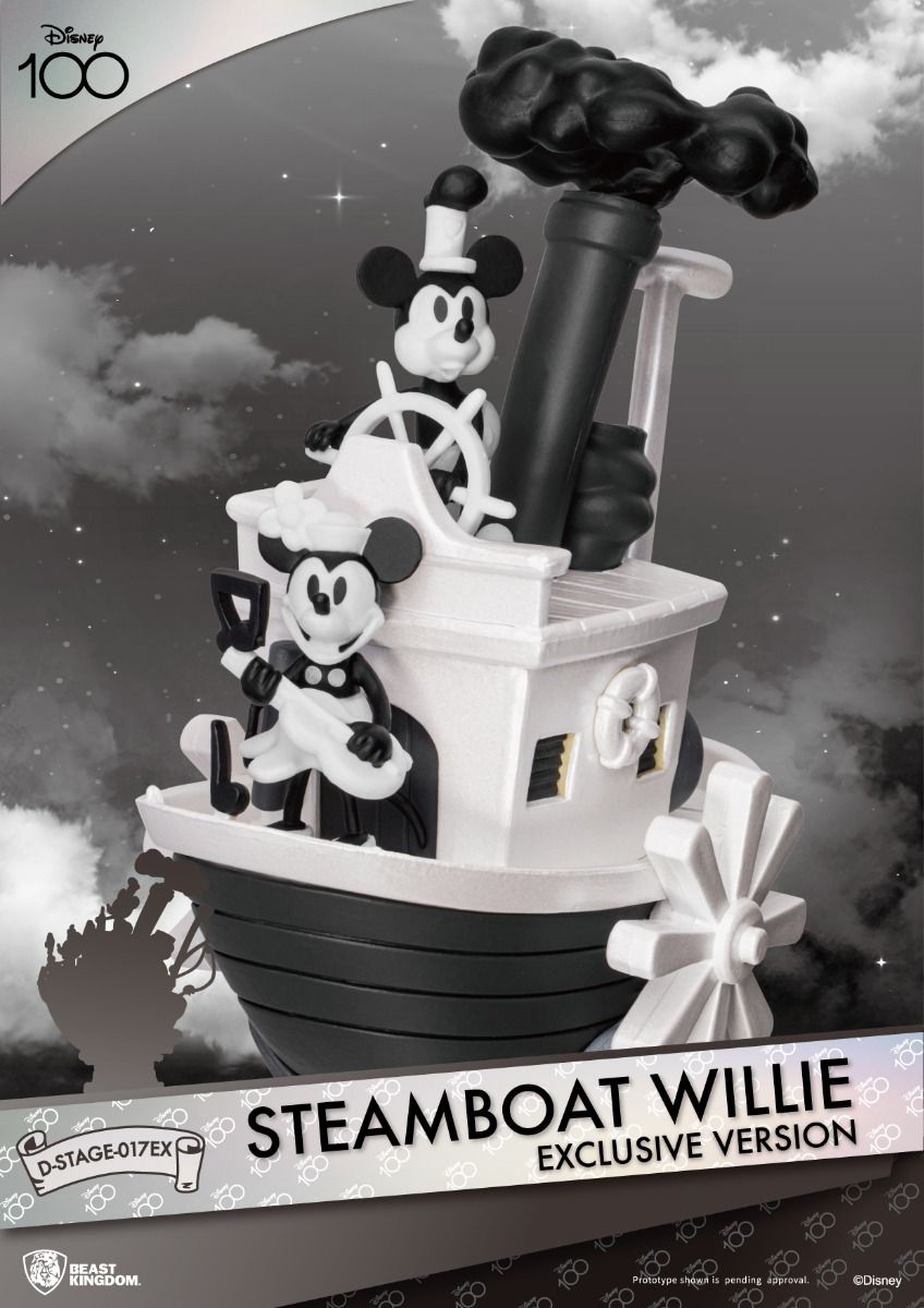 Black and white Disney Steamboat Willie statue featuring Mickey and Minnie Mouse on a steamboat