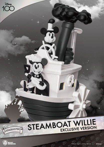 Black and white Disney Steamboat Willie statue featuring Mickey and Minnie Mouse on a steamboat
