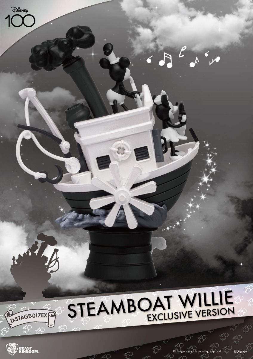 Black and white Disney Steamboat Willie exclusive edition figure featuring Mickey Mouse and Minnie Mouse on the boat