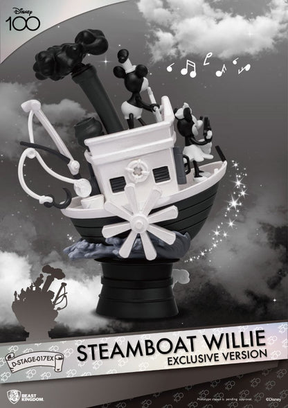 Black and white Disney Steamboat Willie exclusive edition figure featuring Mickey Mouse and Minnie Mouse on the boat