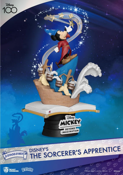 Front angle of Mickey Mouse in sorcerer robe with stars, casting a spell