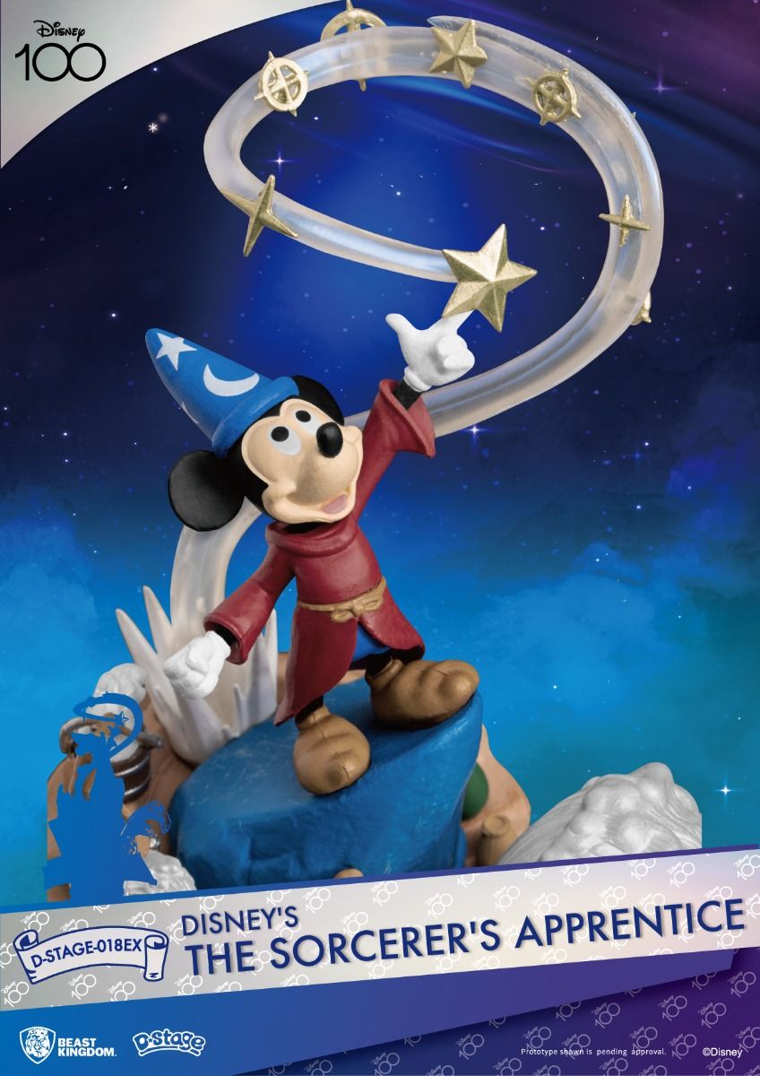 Rear view of Sorcerer Mickey figure with flowing robe on base