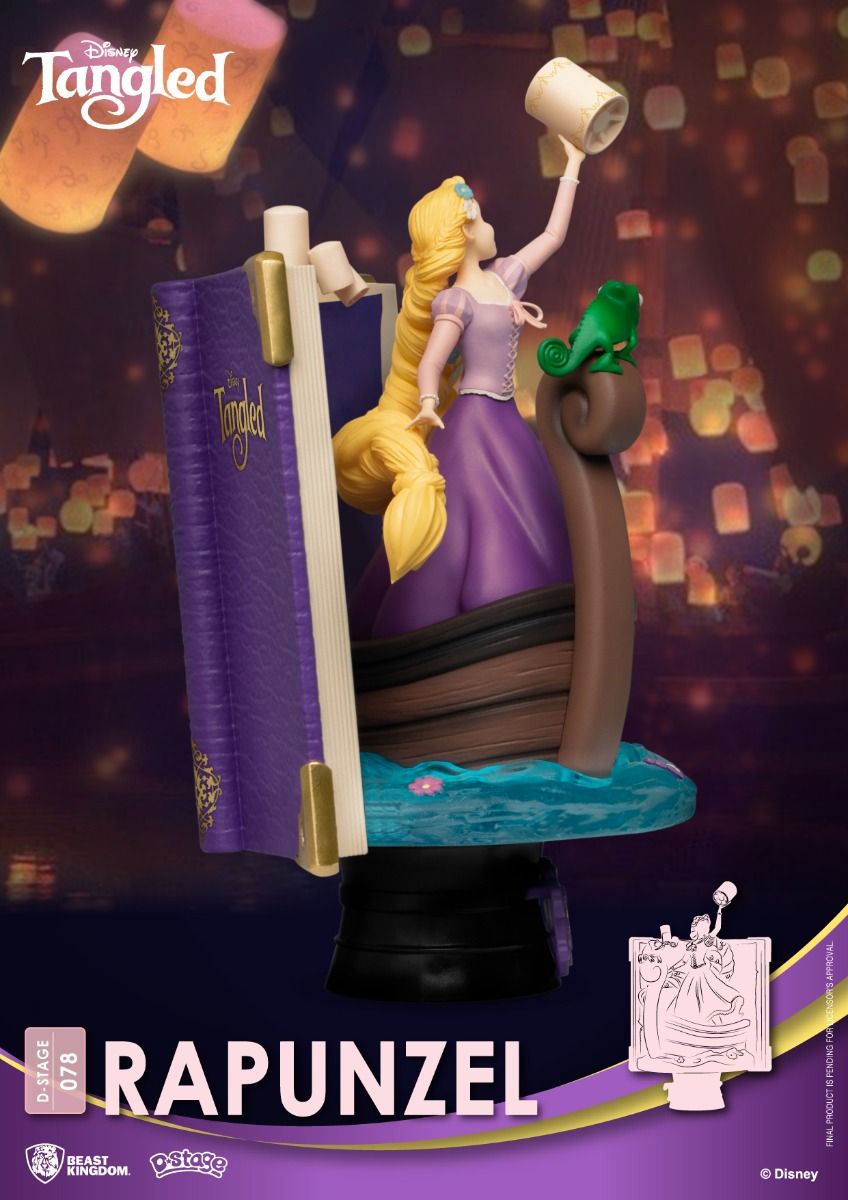 Disney D-Stage 078 Tangled Rapunzel vinyl figure in boat holding lantern featuring Pascal chameleon and large storybook base