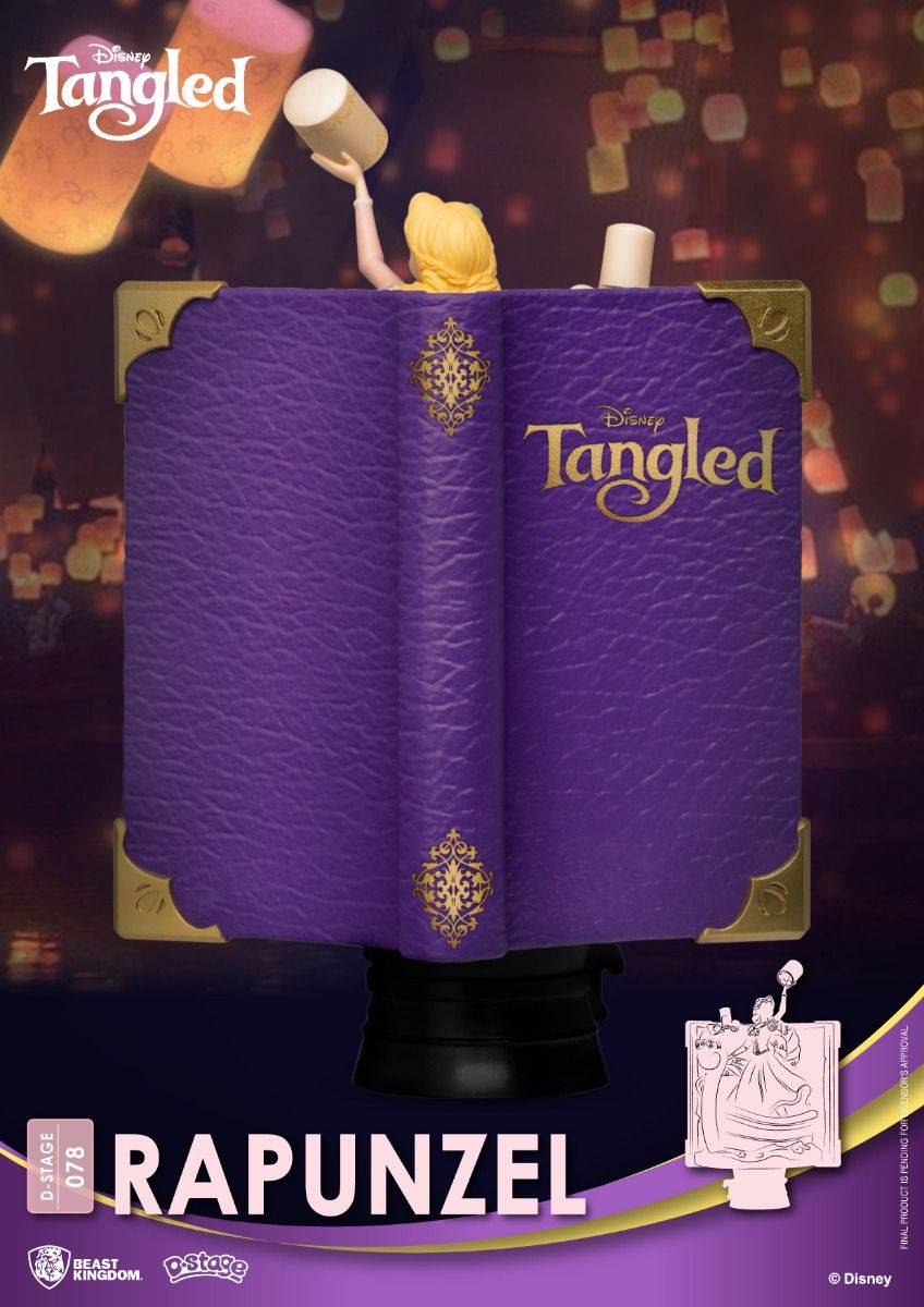 Disney Tangled D-Stage 078 Rapunzel figure on a purple book base with floating lanterns background