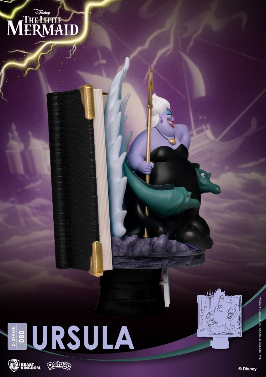 The Little Mermaid Ursula figurine in front of a magical book with a kraken's tentacles wrapped around it