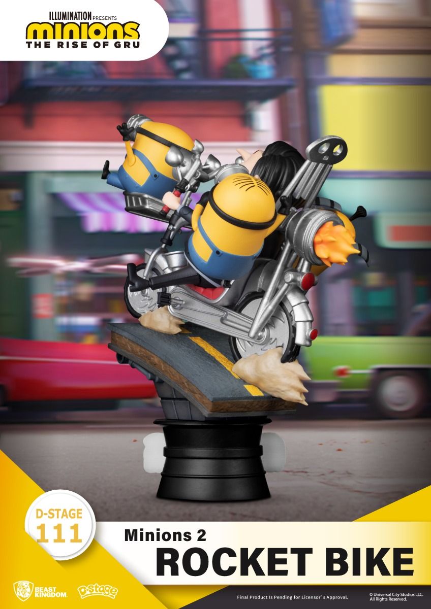 Minions 2 Rocket Bike D-Stage 111 statue featuring two Minions riding a silver motorcycle with orange exhaust flames