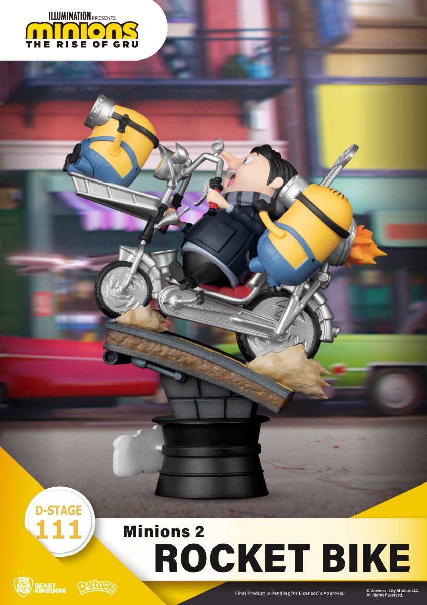 Gru and two Minions on a silver rocket-powered scooter jumping over a black and gray obstacle