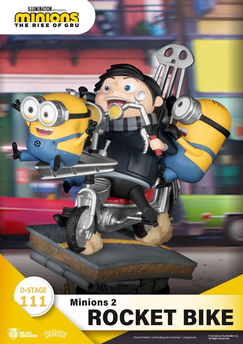 Minions 2 Rocket Bike D-Stage 111 collectible figure featuring Gru and two Minions on a silver motorcycle base