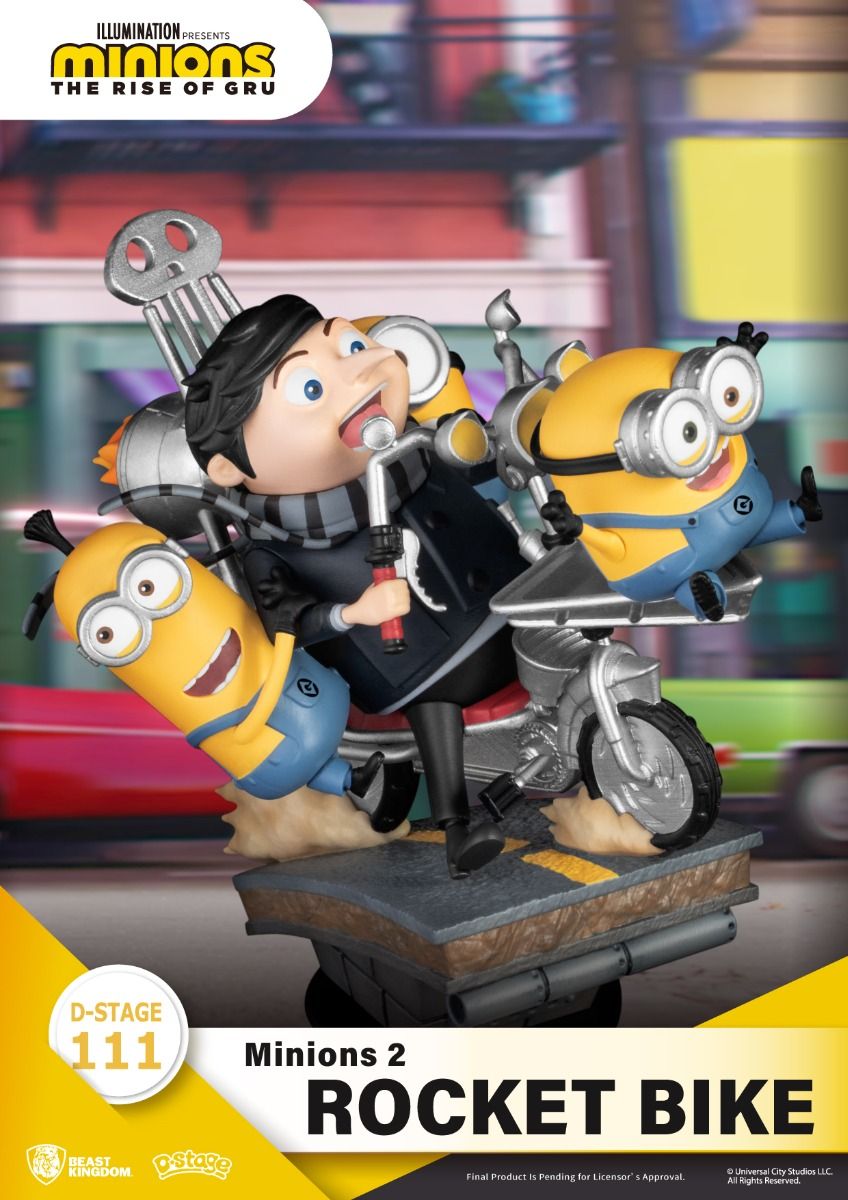 Gru and Minions ride a rocket-powered motorbike with flames from the exhaust
