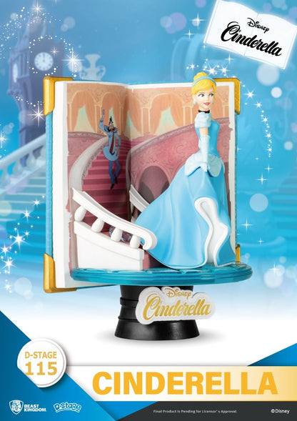 Close-up of Cinderella with glass slipper and sparkles on the staircase