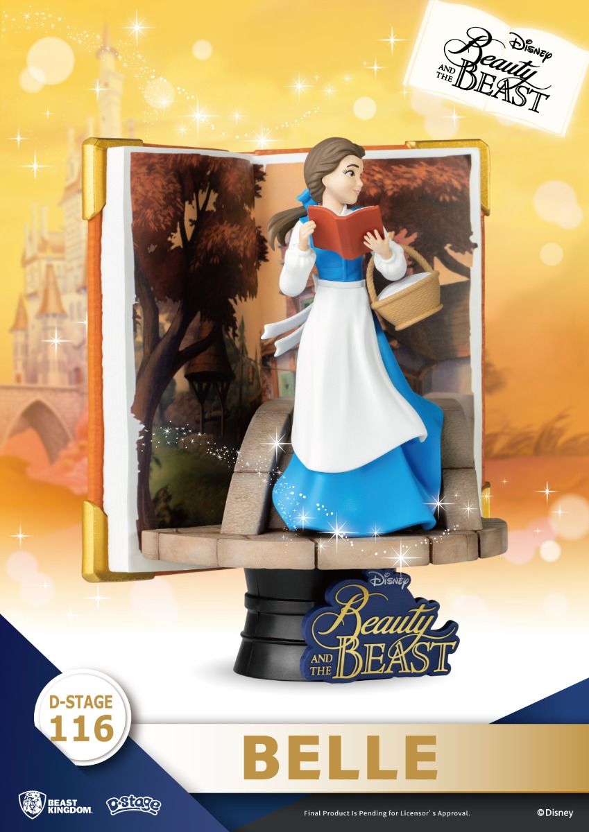 Close-up of a Cinderella-themed storybook series figure in a blue dress, standing on a round base