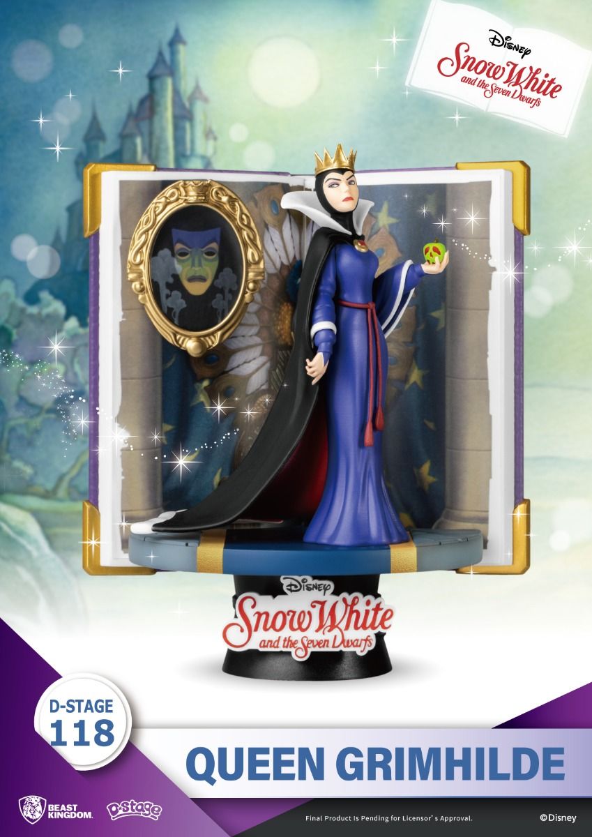 A Queen Grimhilde figure from Snow White and the Seven Dwarfs stands in an open storybook display holding a poisoned apple with the Magic Mirror on the opposite page