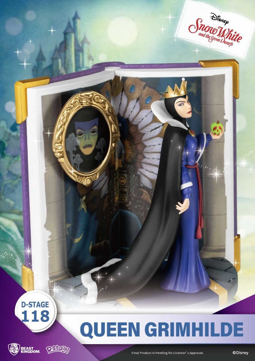 Queen Grimhilde figure in an open storybook diorama, holding a poisoned apple, with the magic mirror reflecting her hag form and a castle in the background