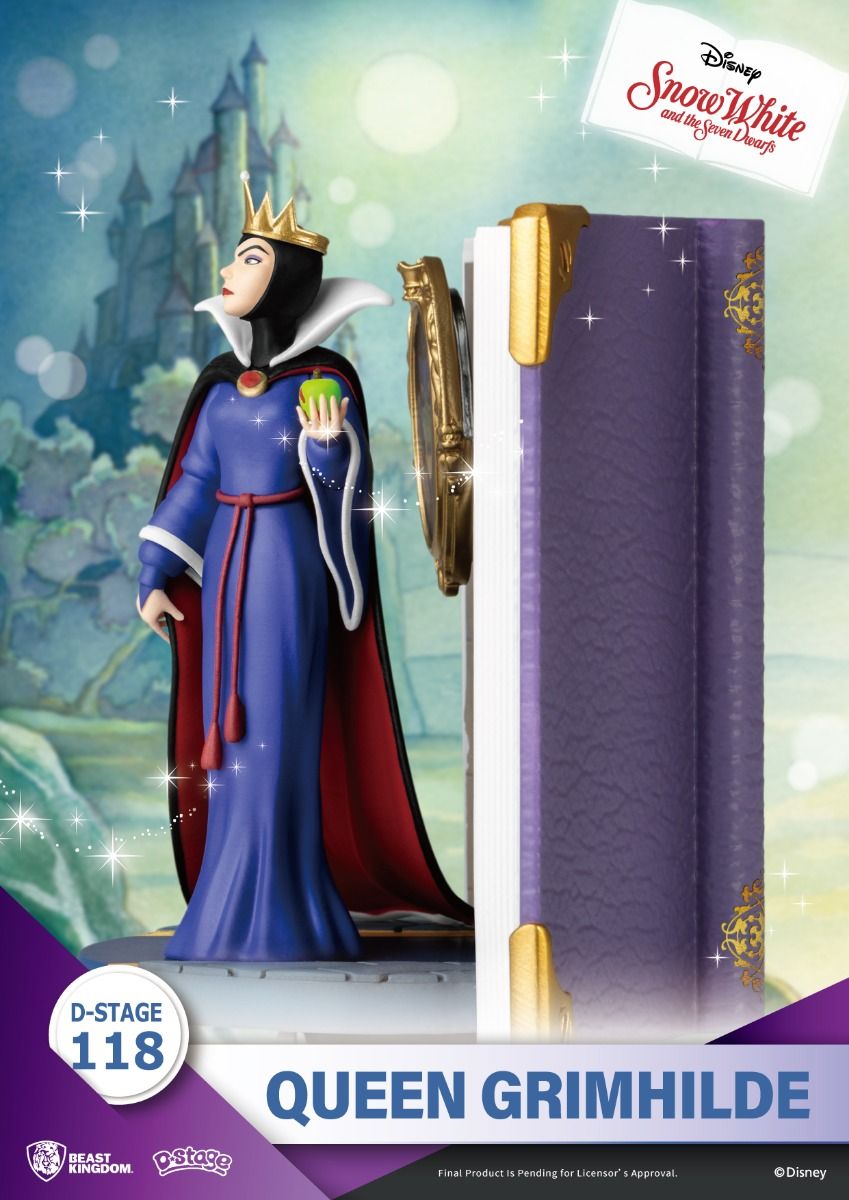 A Queen Grimhilde figure stands in front of a castle and a purple storybook with a golden mirror, holding a green apple