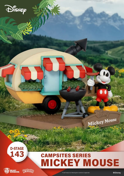 Side view of Mickey Mouse camping figure holding a marshmallow stick