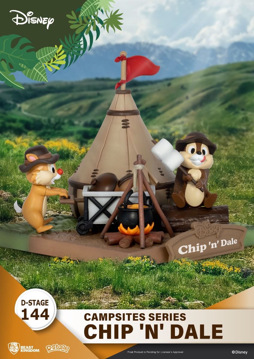 Chip and Dale sitting beside a red tent and campfire, with a kettle and food items around them