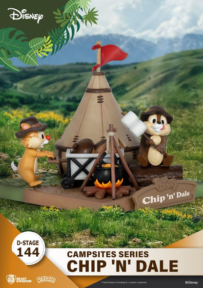 Chip and Dale sitting beside a red tent and campfire, with a kettle and food items around them
