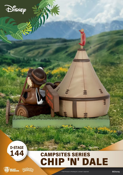 Close-up of Chip and Dale smiling near the fire with detailed camping accessories like a lantern and pot