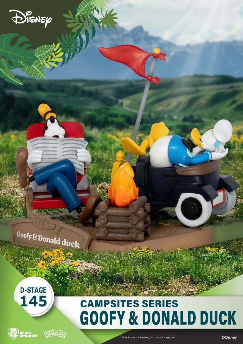 Side angle showing Donald and Goofy near tent, with lantern, cup, and roasted marshmallows