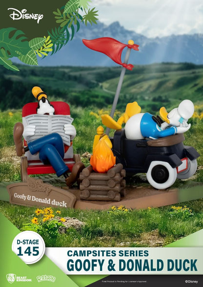 Side angle showing Donald and Goofy near tent, with lantern, cup, and roasted marshmallows