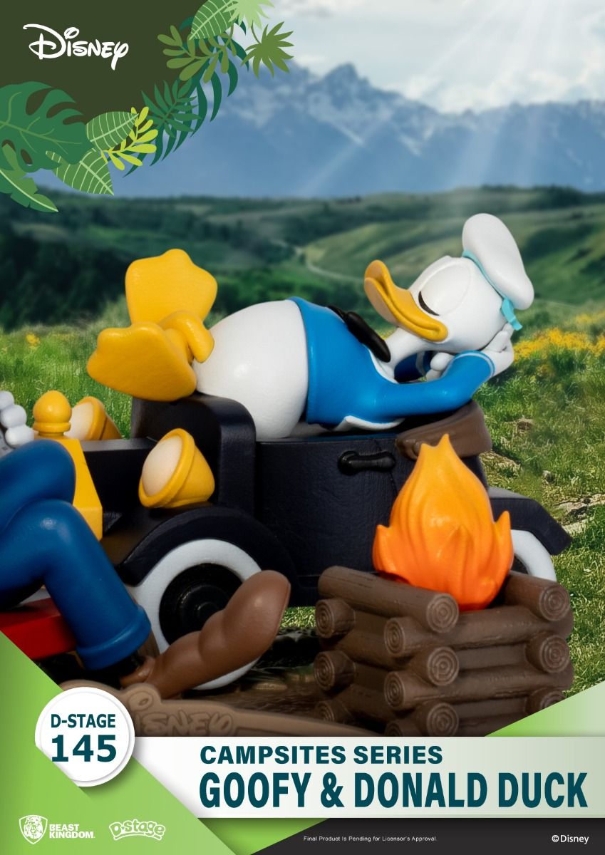 Rear view of the campsite with stacked wood, tent flaps, and Goofy’s backpack detail