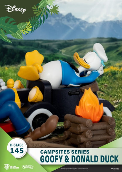 Rear view of the campsite with stacked wood, tent flaps, and Goofy’s backpack detail