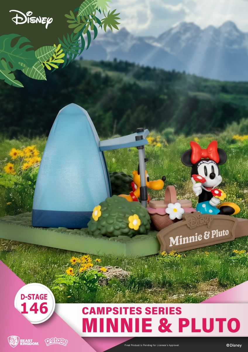 Disney D-Stage Campsites Series Minnie and Pluto figure with tent and picnic basket in a grassy field