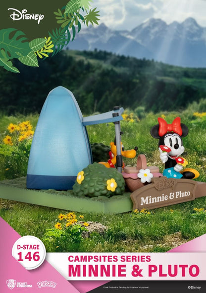 Disney D-Stage Campsites Series Minnie and Pluto figure with tent and picnic basket in a grassy field