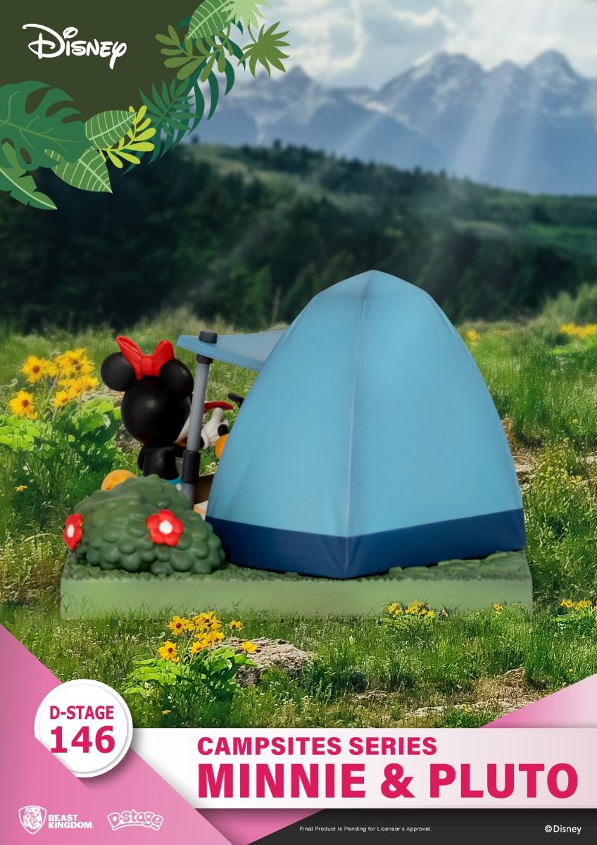 Minnie Mouse and Pluto camping figurine with blue tent shrubbery and yellow flowers